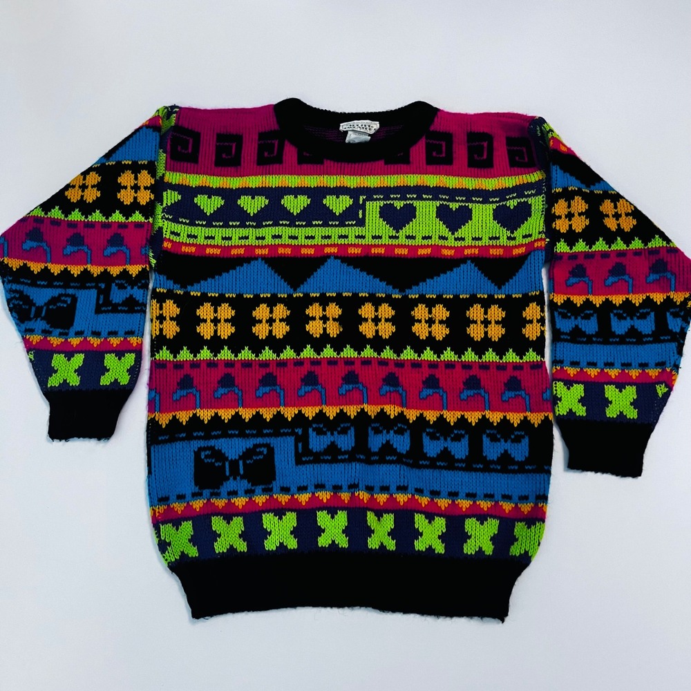 Vintage Jet Set Sweater Girls Medium 10/12 Made in USA Neon Retro 80s